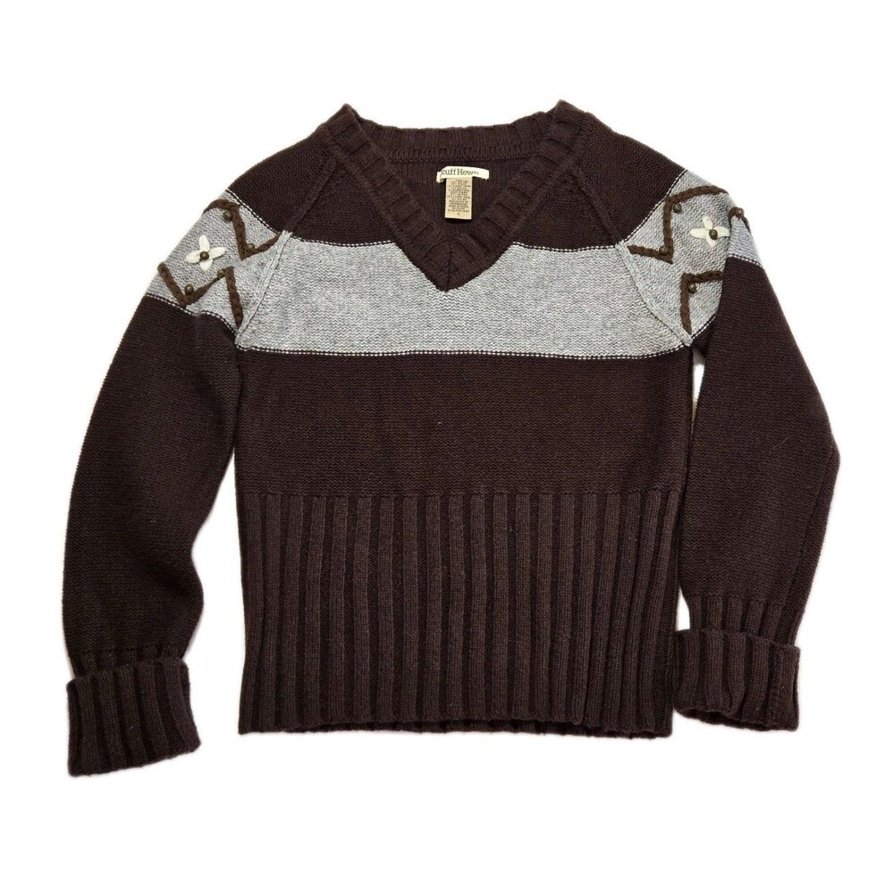NWT 2000s Deadstock Brown Flower Knit Sweater Embroidered Retro Lambswool Small